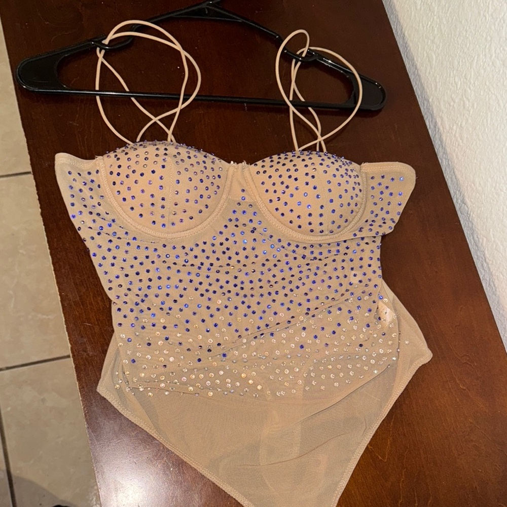 Beige Bodysuit with blue diamonds and Silver Accents